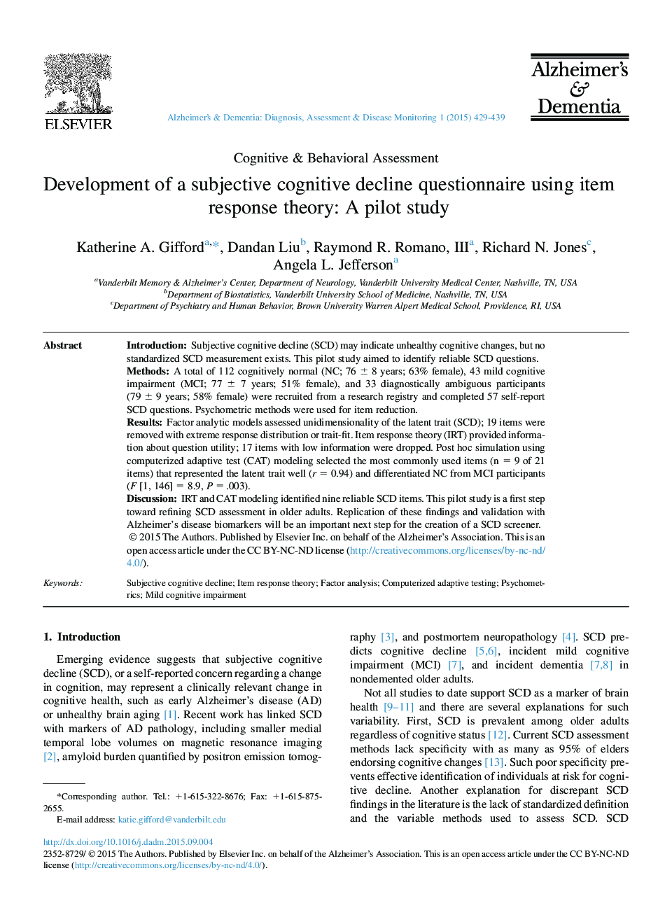 Development of a subjective cognitive decline questionnaire using item response theory: A pilot study