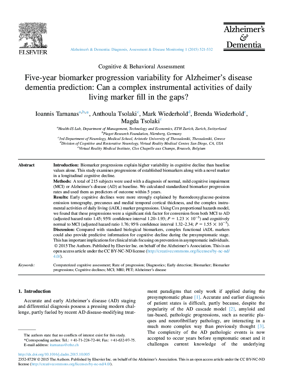 Five-year biomarker progression variability for Alzheimer's disease dementia prediction: Can a complex instrumental activities of daily living marker fill in the gaps? 