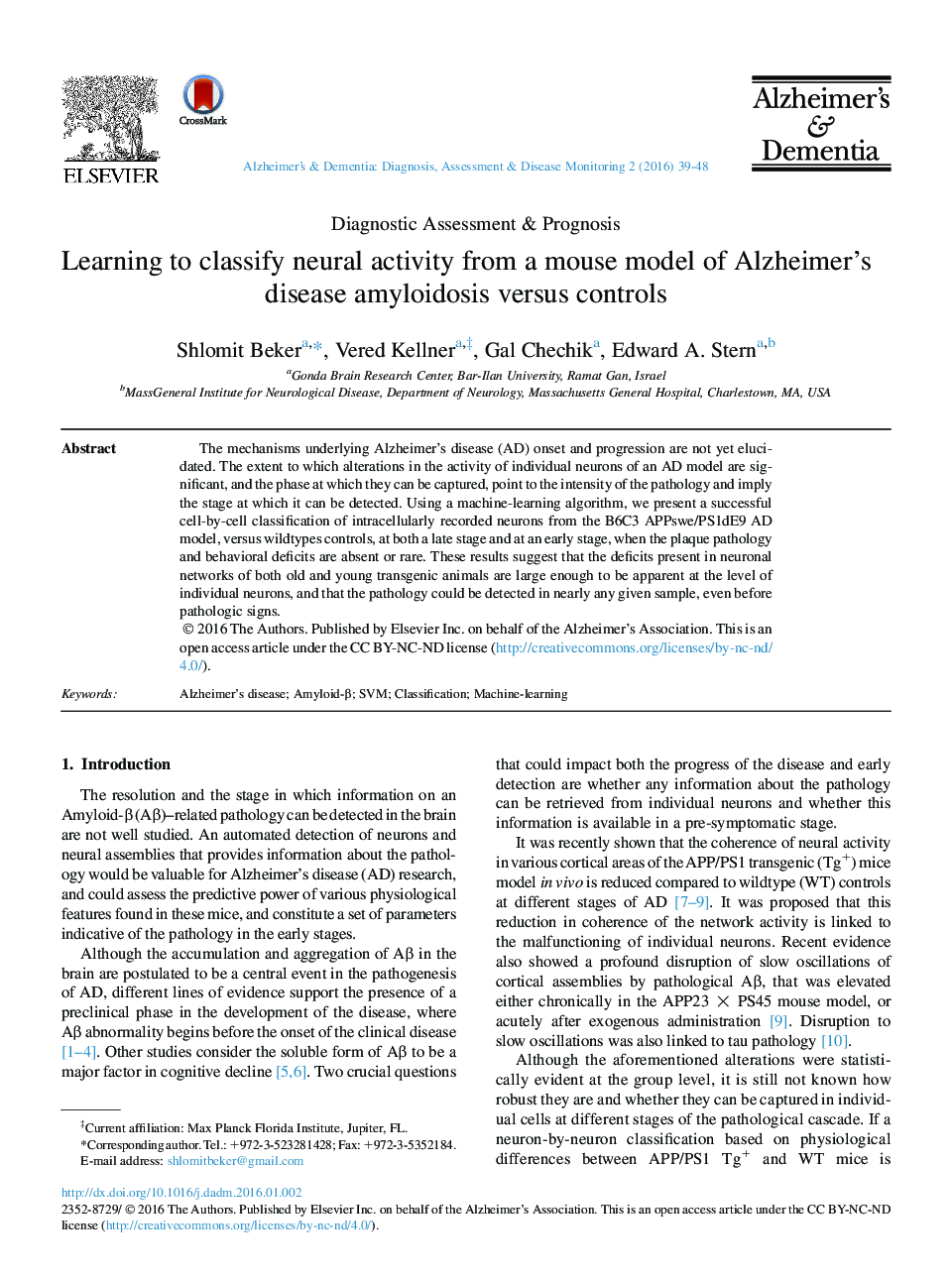 Learning to classify neural activity from a mouse model of Alzheimer's disease amyloidosis versus controls