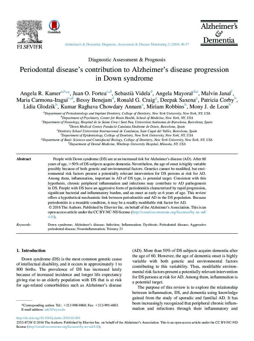 Periodontal disease's contribution to Alzheimer's disease progression in Down syndrome