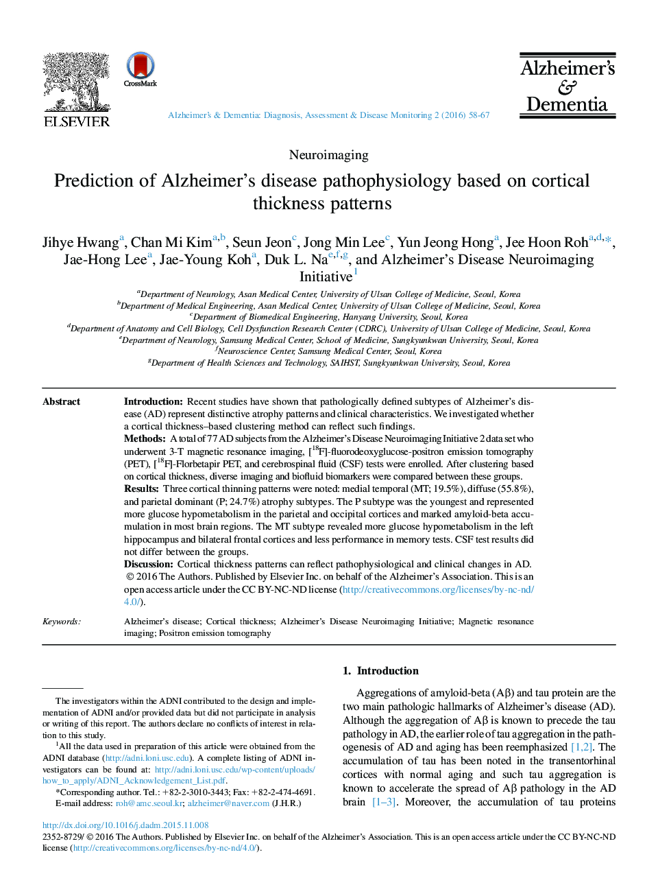 Prediction of Alzheimer's disease pathophysiology based on cortical thickness patterns 