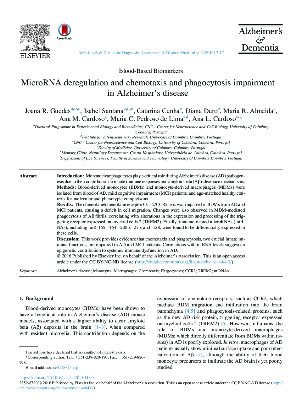 MicroRNA deregulation and chemotaxis and phagocytosis impairment in Alzheimer's disease 