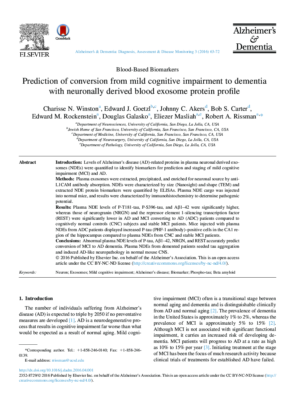 Prediction of conversion from mild cognitive impairment to dementia with neuronally derived blood exosome protein profile