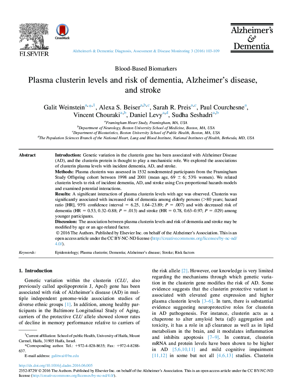 Plasma clusterin levels and risk of dementia, Alzheimer's disease, and stroke