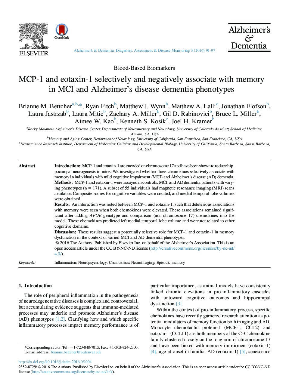 MCP-1 and eotaxin-1 selectively and negatively associate with memory in MCI and Alzheimer's disease dementia phenotypes