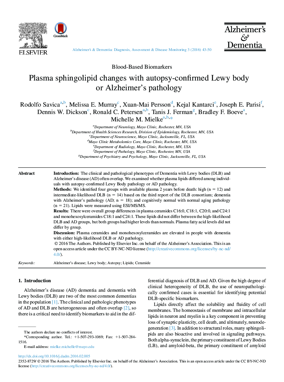 Plasma sphingolipid changes with autopsy-confirmed Lewy body or Alzheimer's pathology 