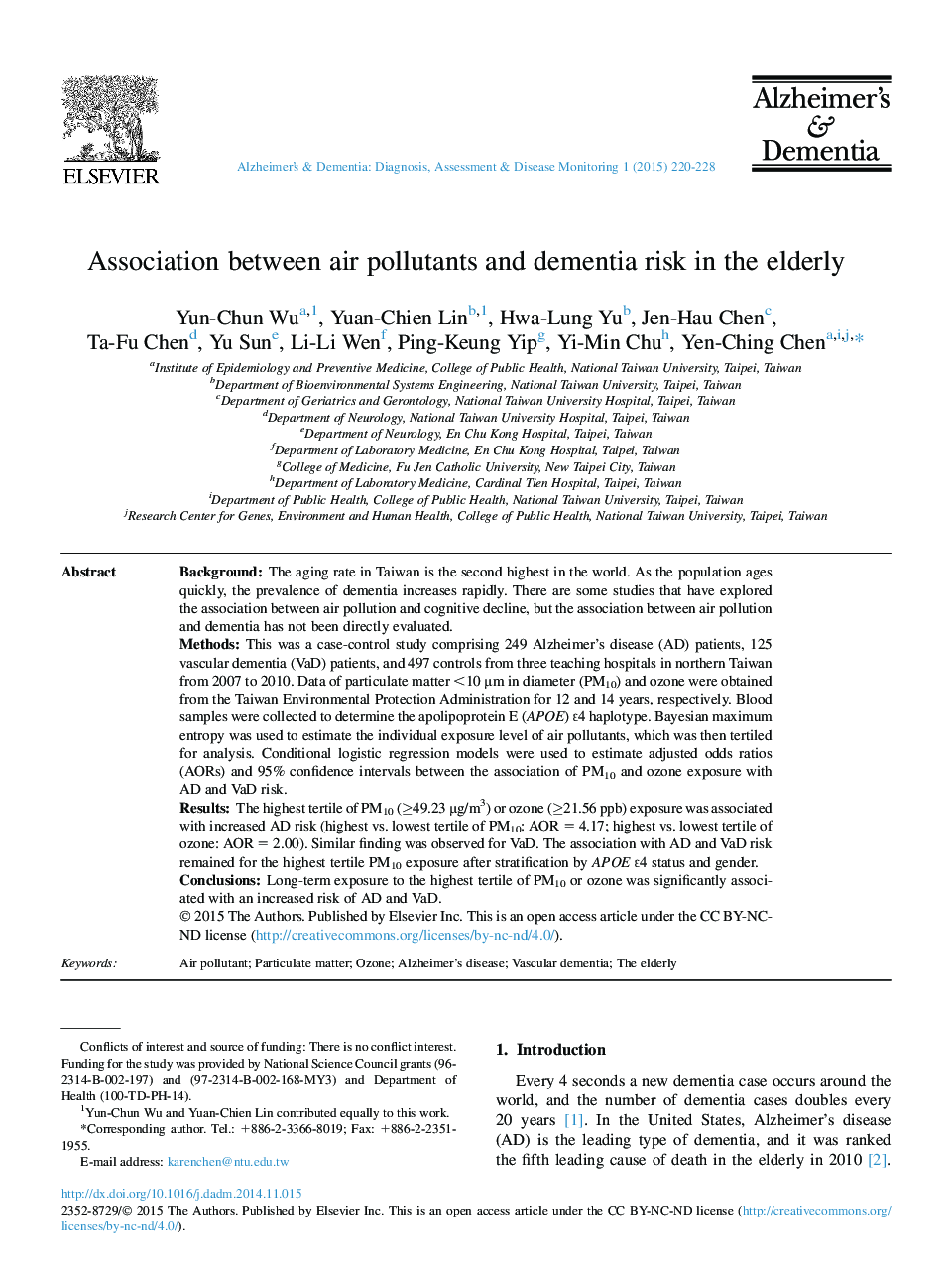 Association between air pollutants and dementia risk in the elderly 