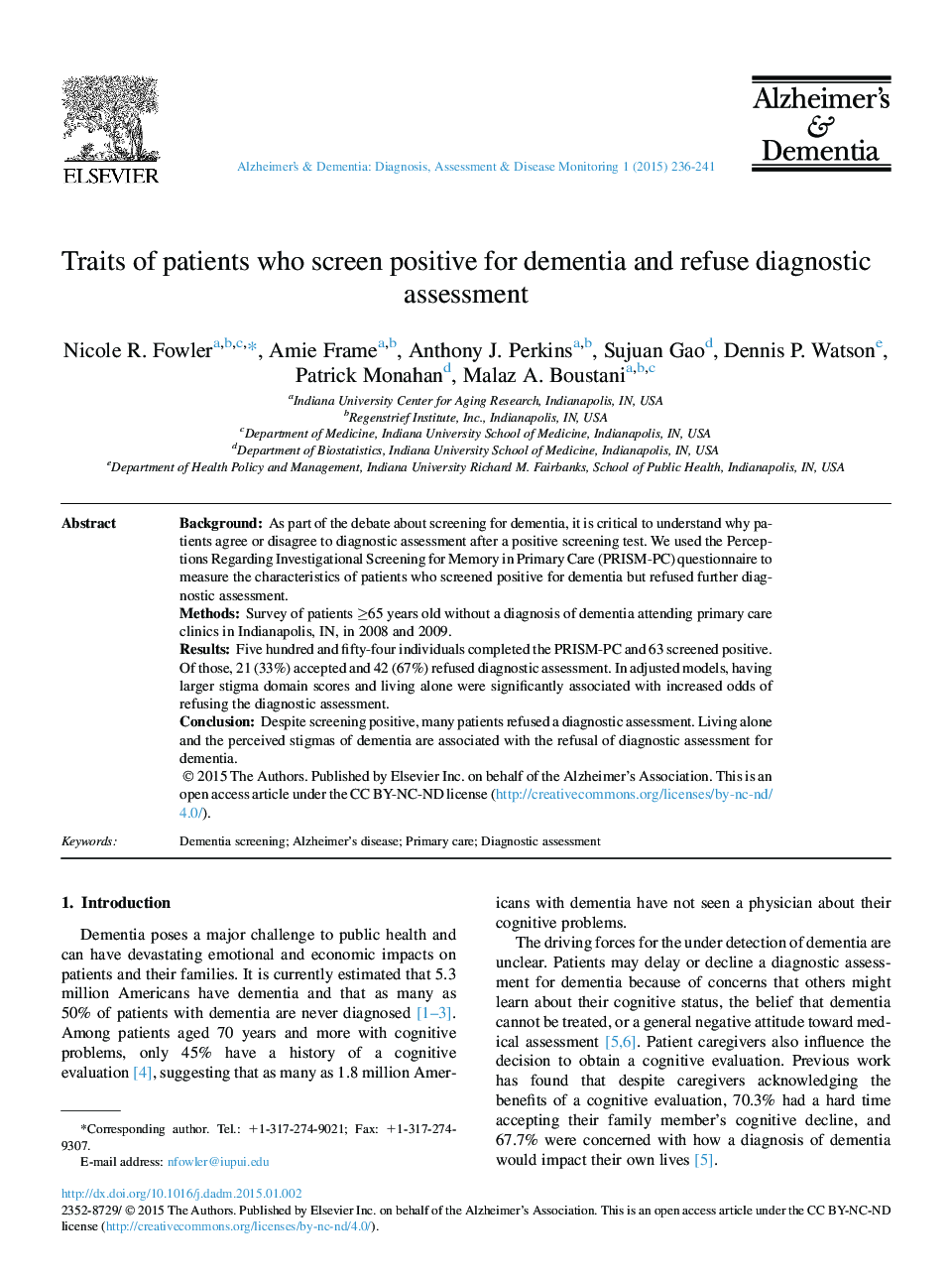 Traits of patients who screen positive for dementia and refuse diagnostic assessment