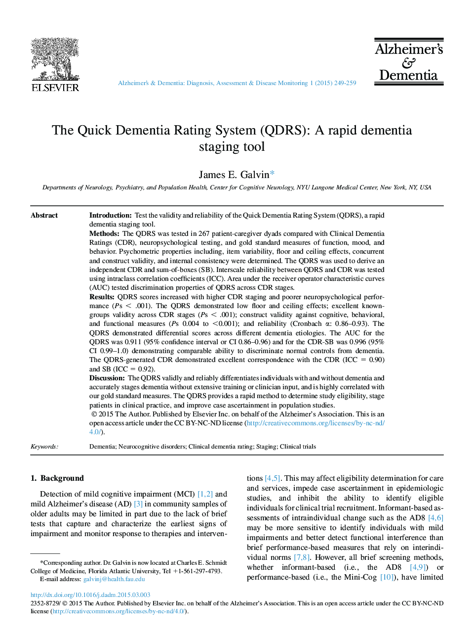 The Quick Dementia Rating System (QDRS): A rapid dementia staging tool