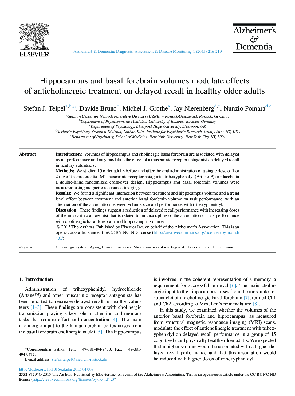 Hippocampus and basal forebrain volumes modulate effects of anticholinergic treatment on delayed recall in healthy older adults