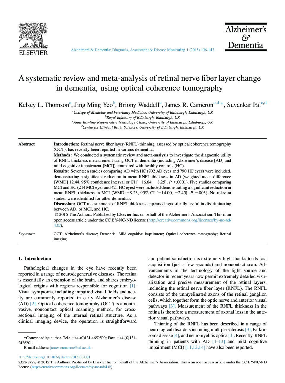 A systematic review and meta-analysis of retinal nerve fiber layer change in dementia, using optical coherence tomography