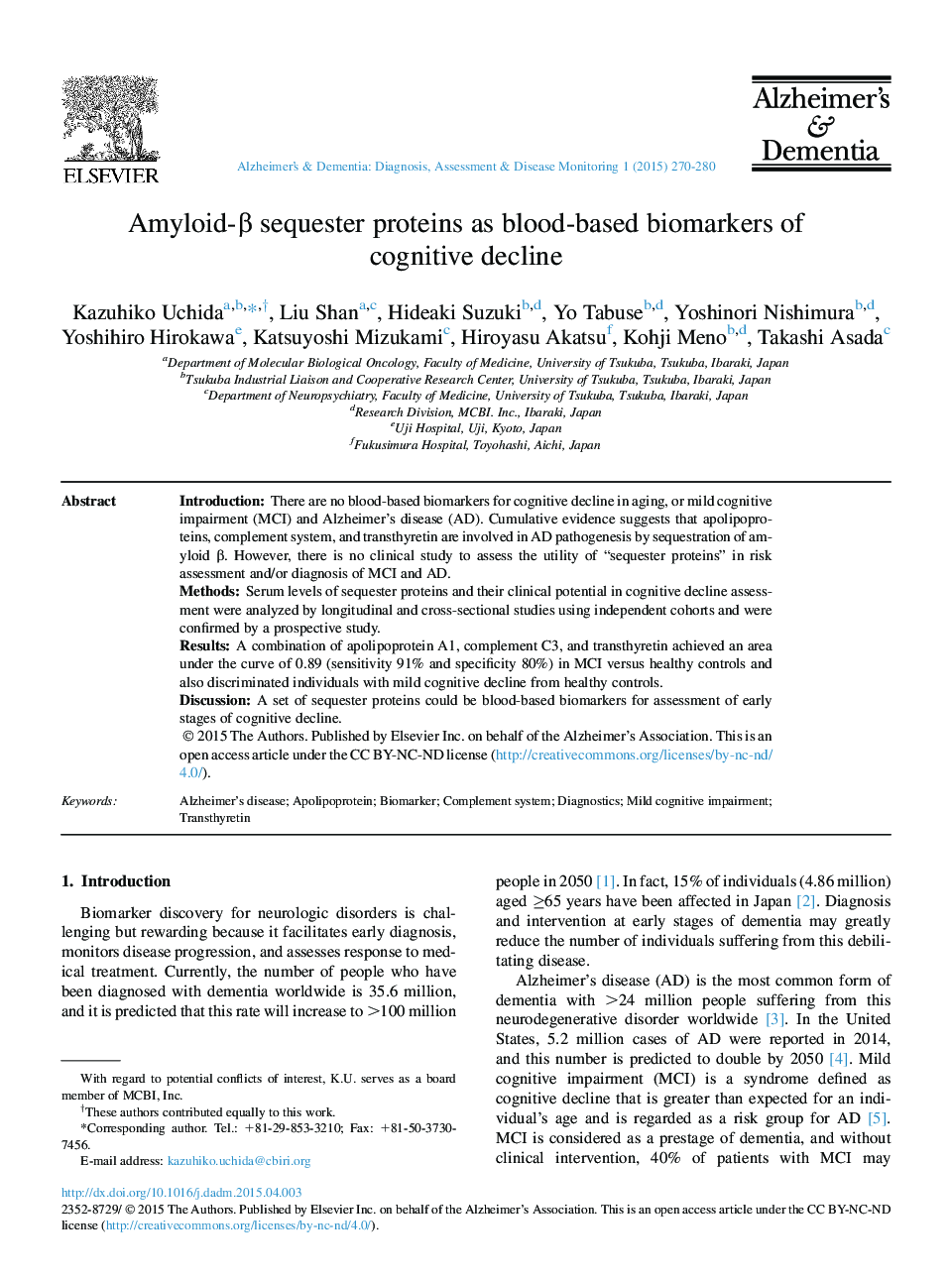 Amyloid-β sequester proteins as blood-based biomarkers of cognitive decline 