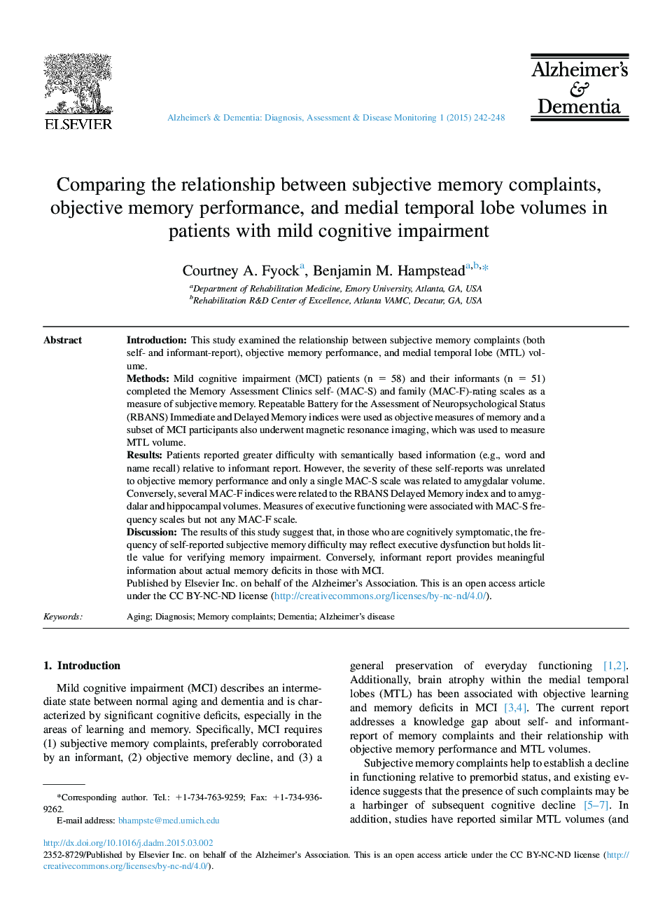 Comparing the relationship between subjective memory complaints, objective memory performance, and medial temporal lobe volumes in patients with mild cognitive impairment