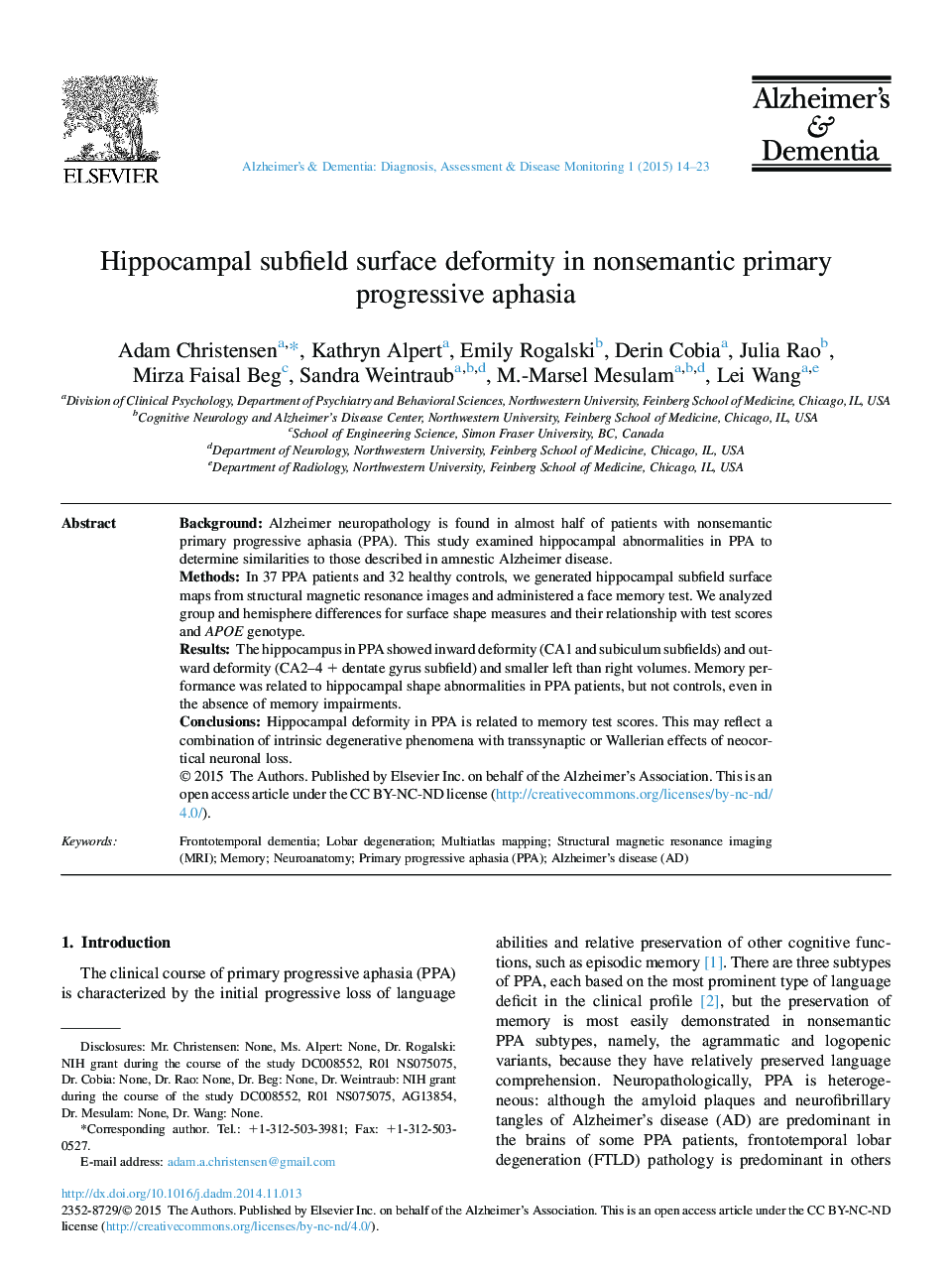 Hippocampal subfield surface deformity in nonsemantic primary progressive aphasia 