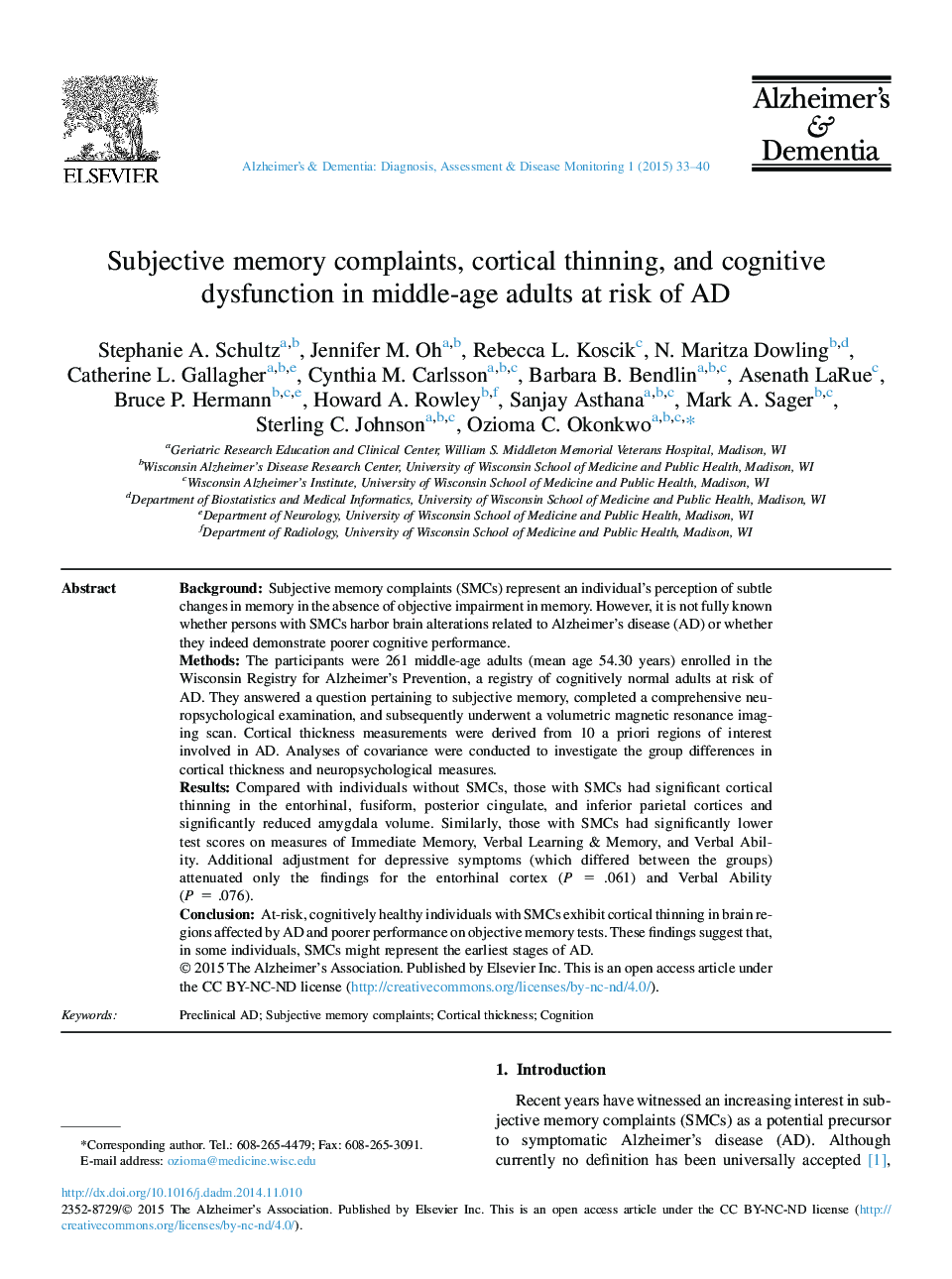 Subjective memory complaints, cortical thinning, and cognitive dysfunction in middle-age adults at risk of AD