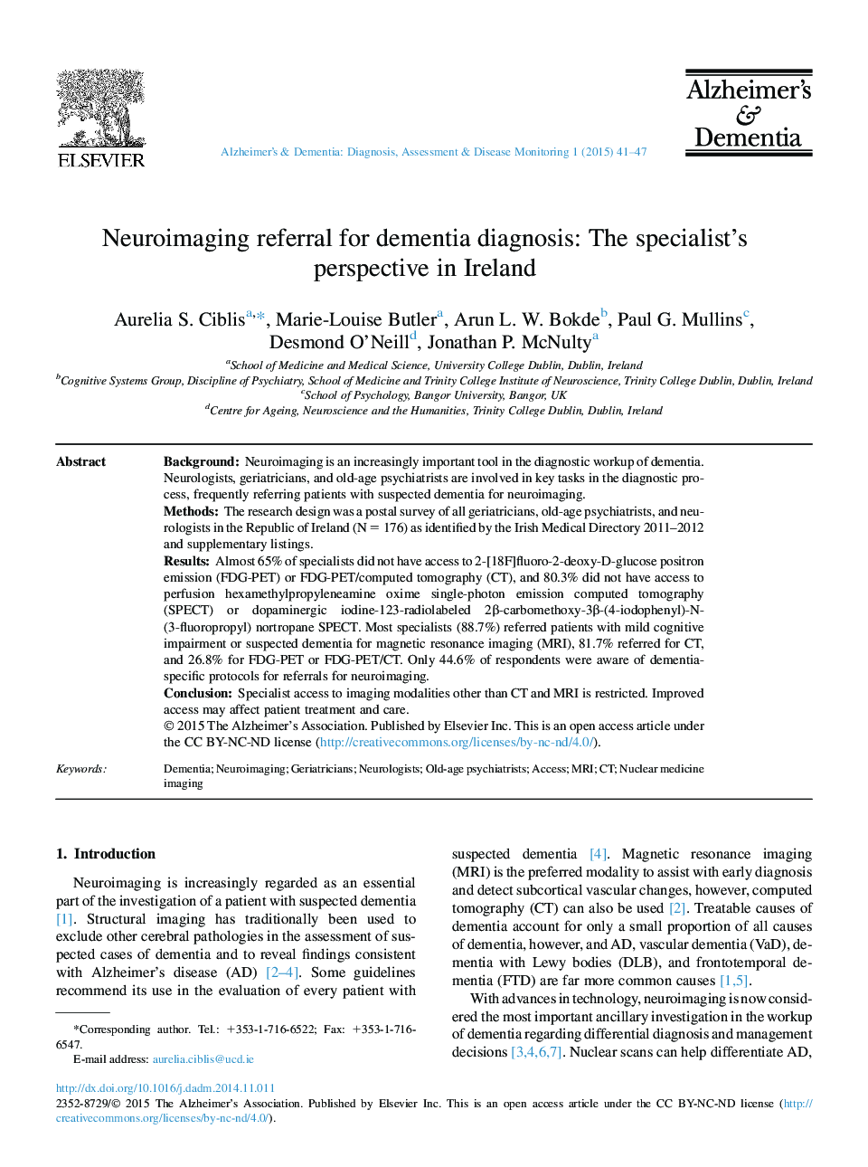 Neuroimaging referral for dementia diagnosis: The specialist's perspective in Ireland