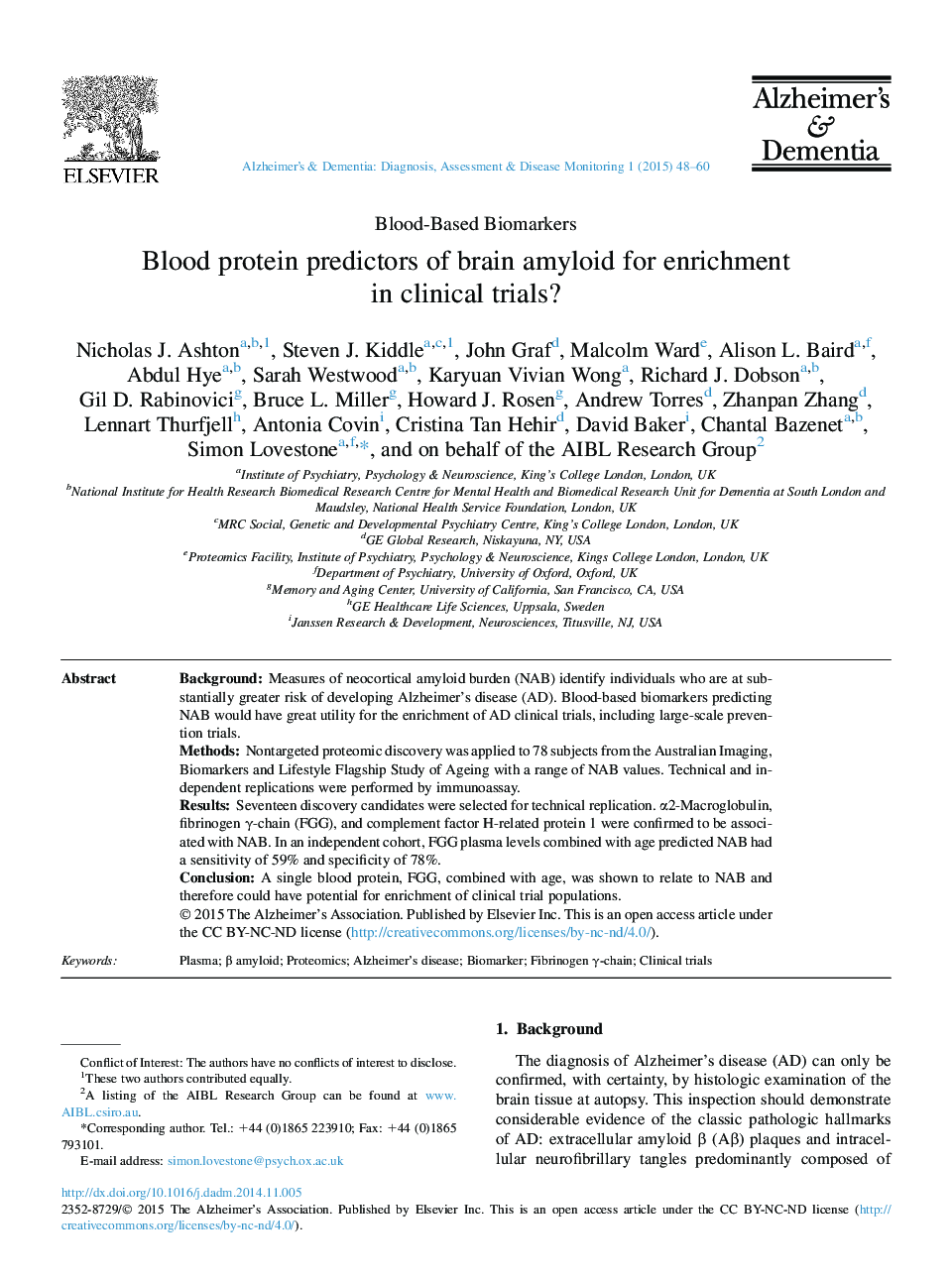 Blood protein predictors of brain amyloid for enrichment in clinical trials? 