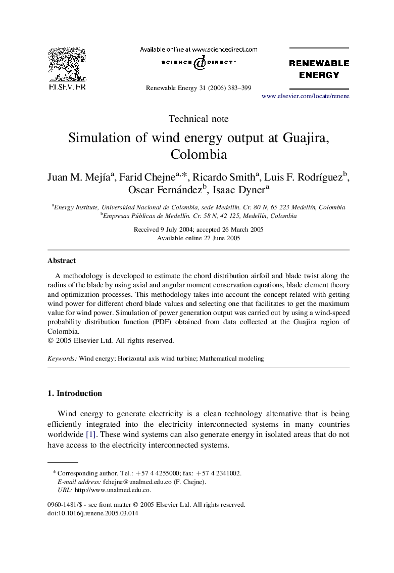 Simulation of wind energy output at Guajira, Colombia