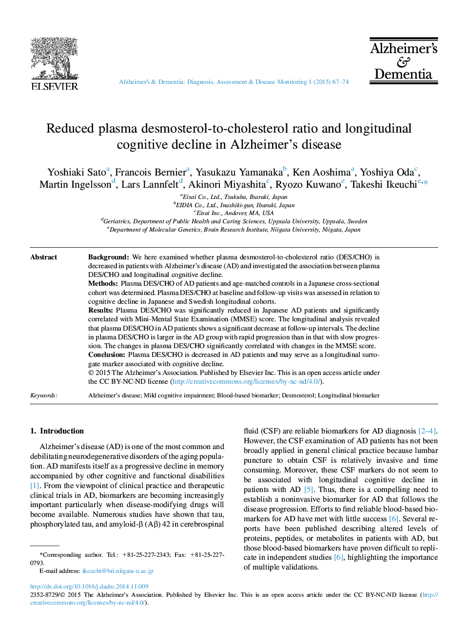 Reduced plasma desmosterol-to-cholesterol ratio and longitudinal cognitive decline in Alzheimer's disease