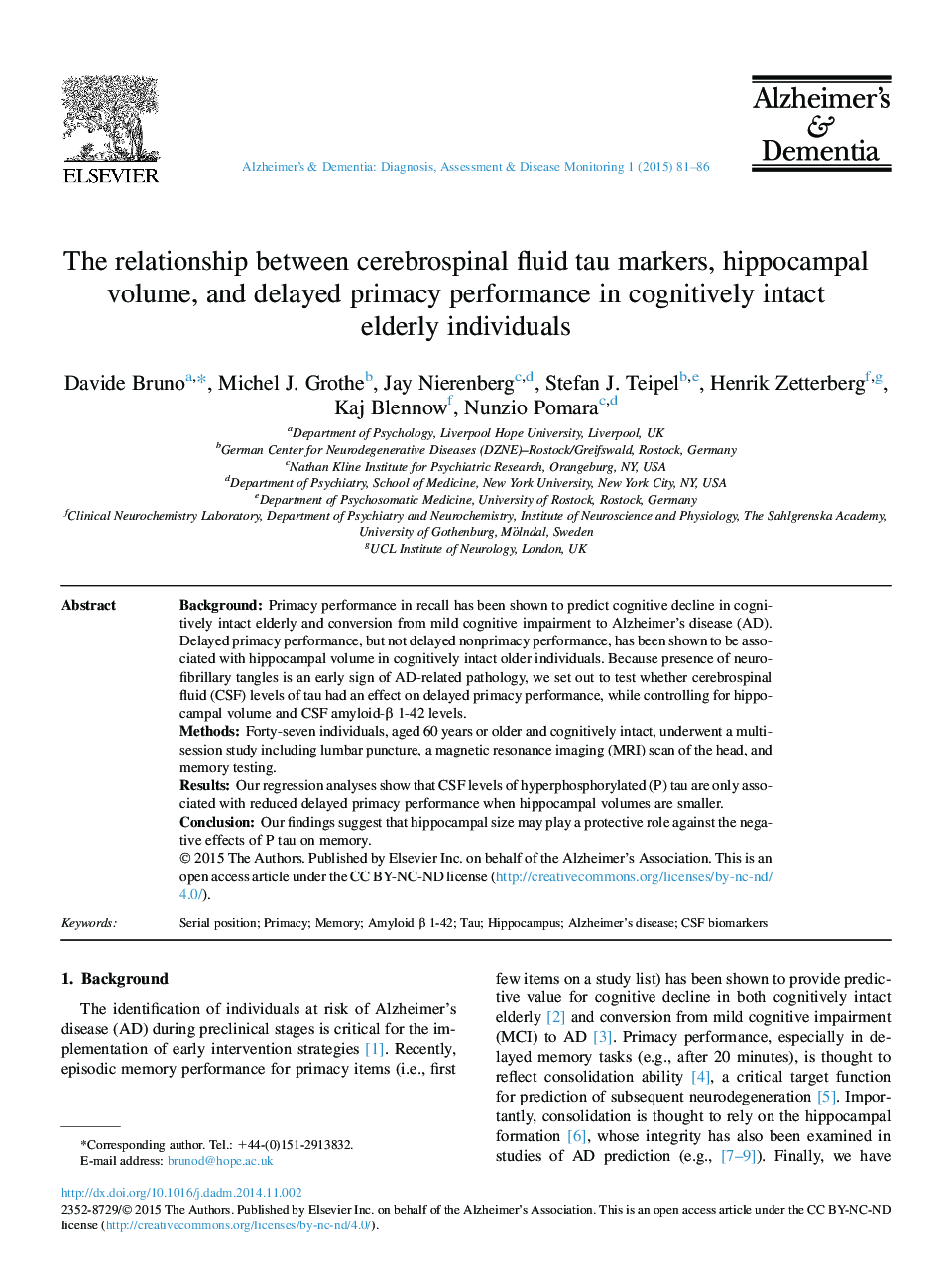 The relationship between cerebrospinal fluid tau markers, hippocampal volume, and delayed primacy performance in cognitively intact elderly individuals