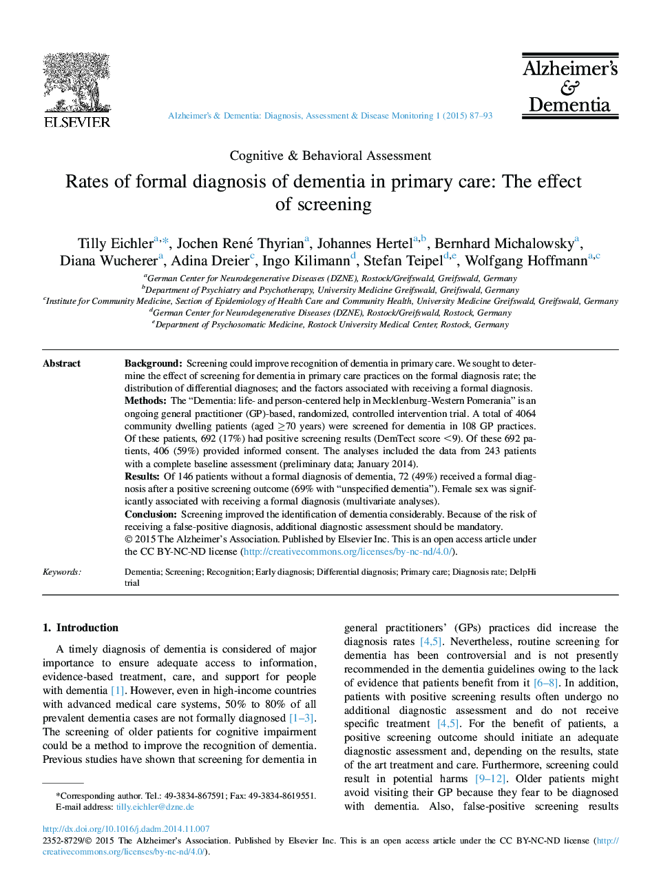 Rates of formal diagnosis of dementia in primary care: The effect of screening