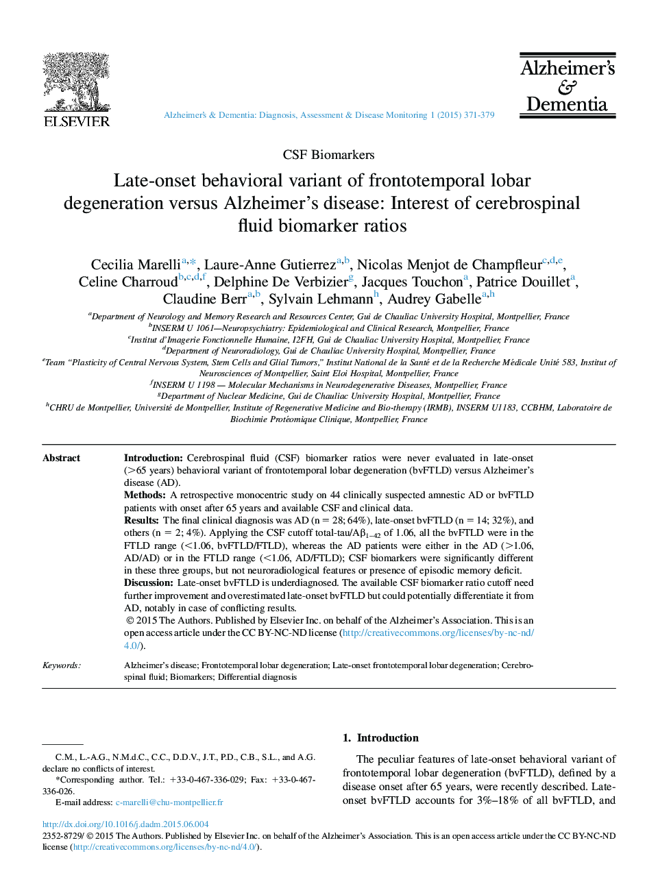 Late-onset behavioral variant of frontotemporal lobar degeneration versus Alzheimer's disease: Interest of cerebrospinal fluid biomarker ratios 