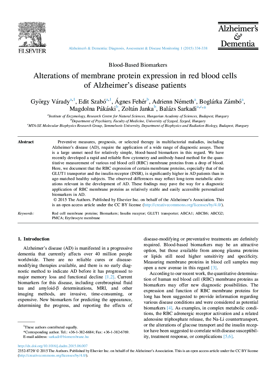 Alterations of membrane protein expression in red blood cells of Alzheimer's disease patients