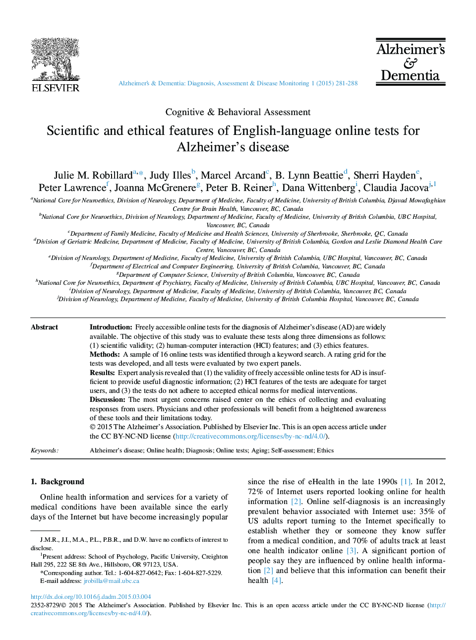 Scientific and ethical features of English-language online tests for Alzheimer's disease 