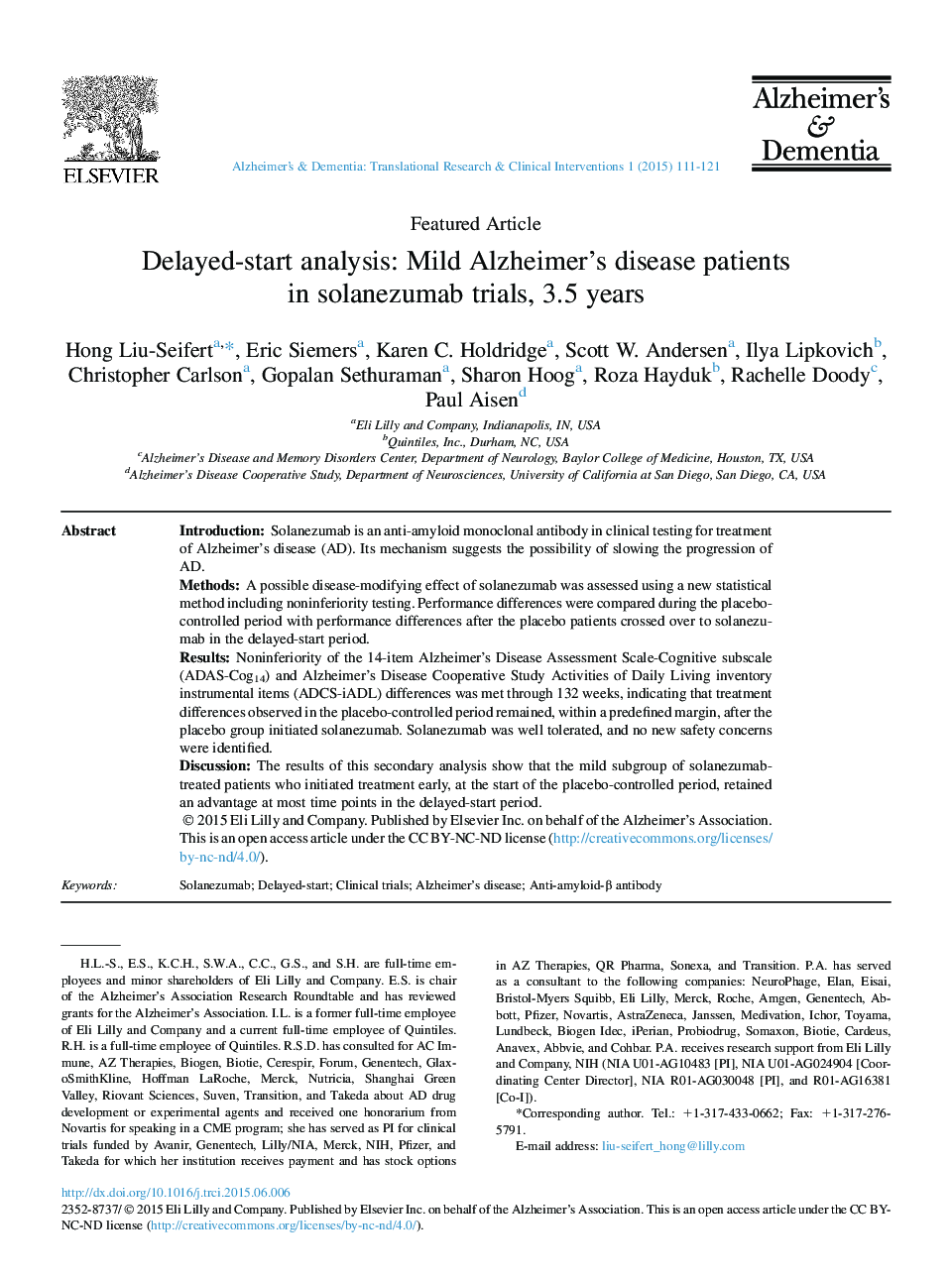 Delayed-start analysis: Mild Alzheimer's disease patients in solanezumab trials, 3.5 years 