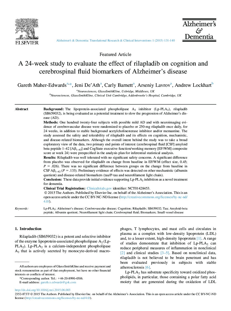 A 24-week study to evaluate the effect of rilapladib on cognition and cerebrospinal fluid biomarkers of Alzheimer's disease 
