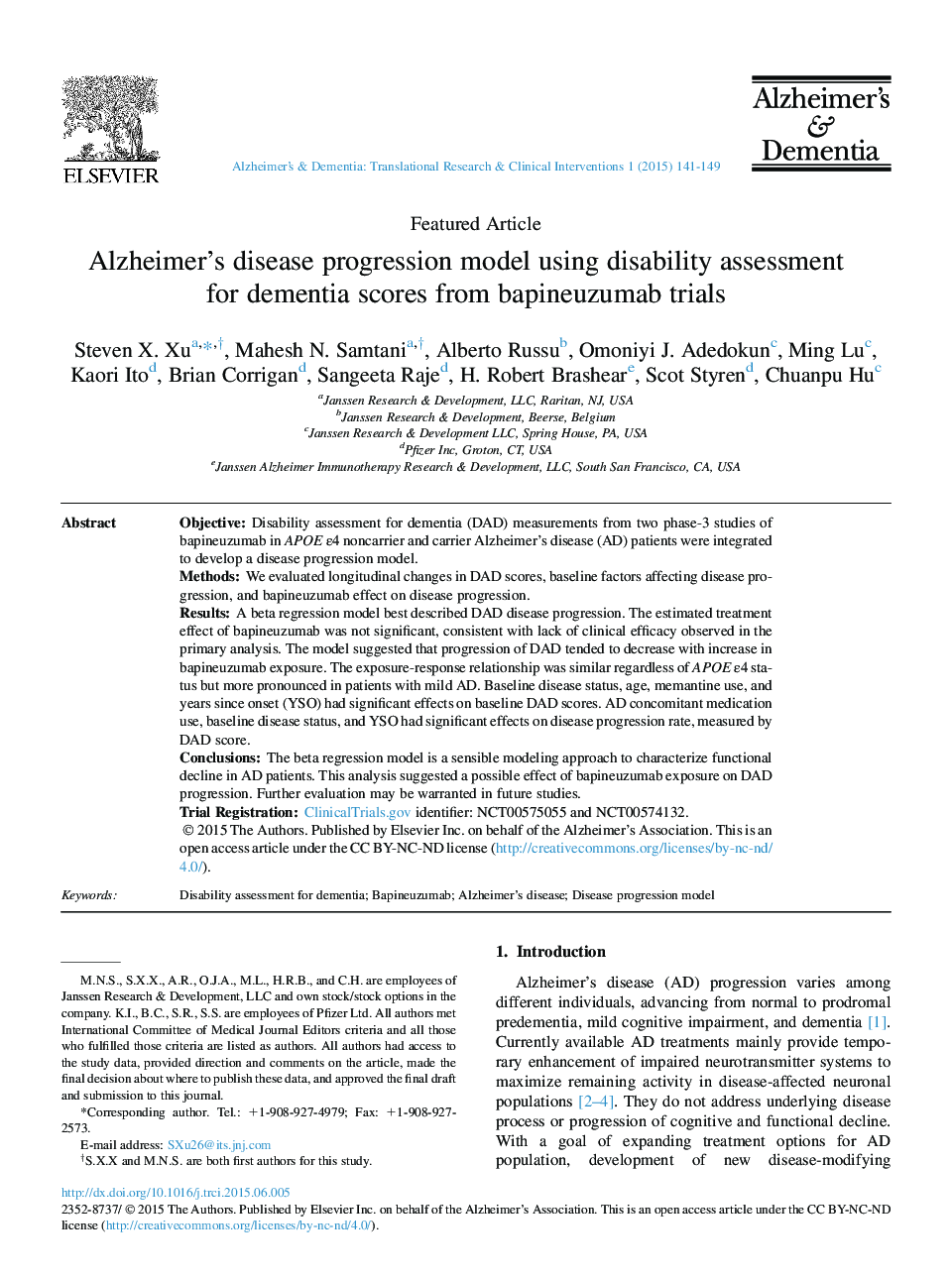 Alzheimer's disease progression model using disability assessment for dementia scores from bapineuzumab trials 