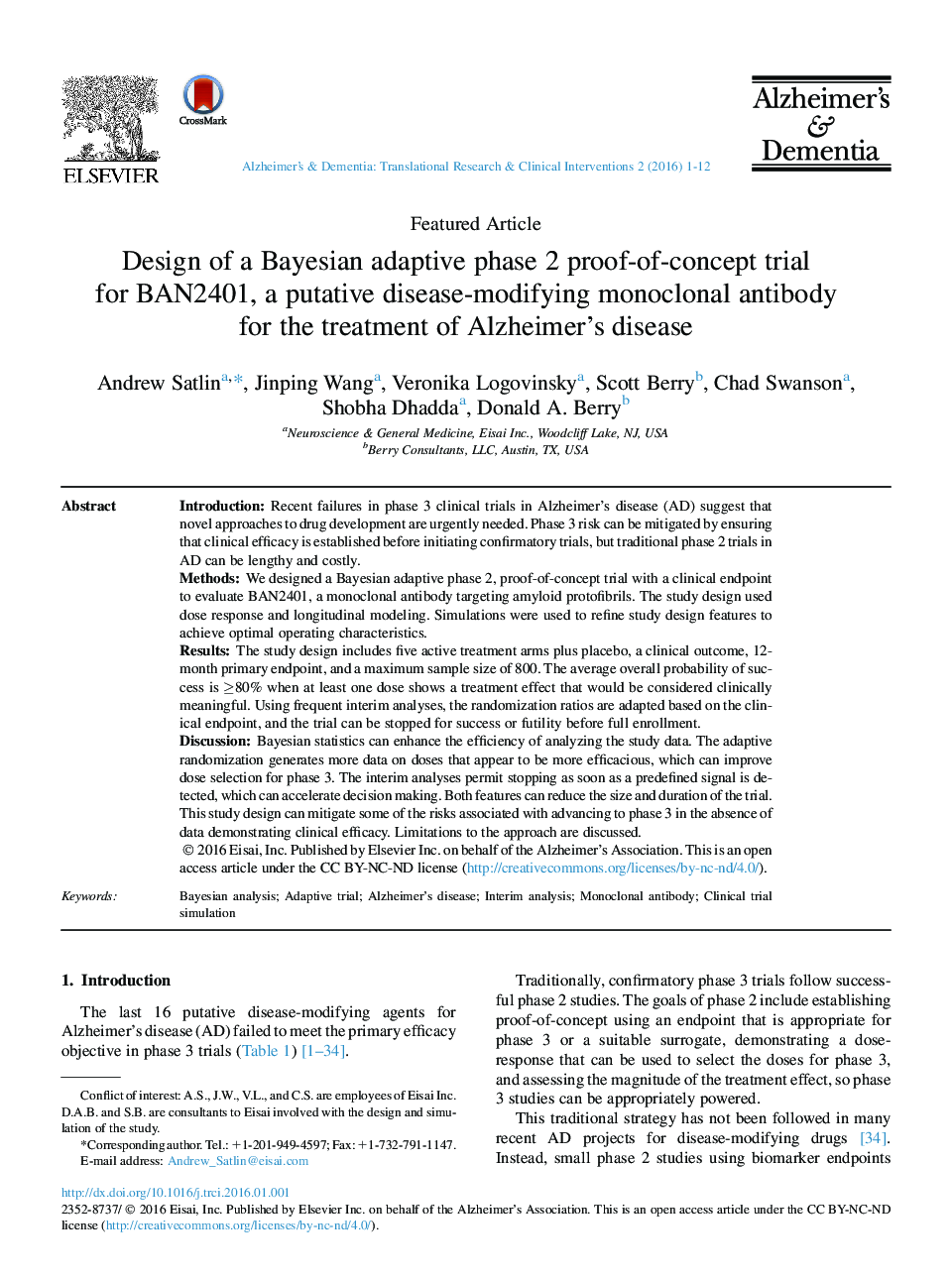 Design of a Bayesian adaptive phase 2 proof-of-concept trial for BAN2401, a putative disease-modifying monoclonal antibody for the treatment of Alzheimer's disease 