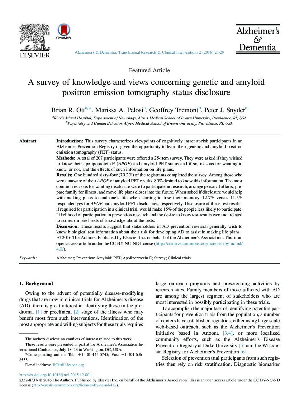 A survey of knowledge and views concerning genetic and amyloid positron emission tomography status disclosure 