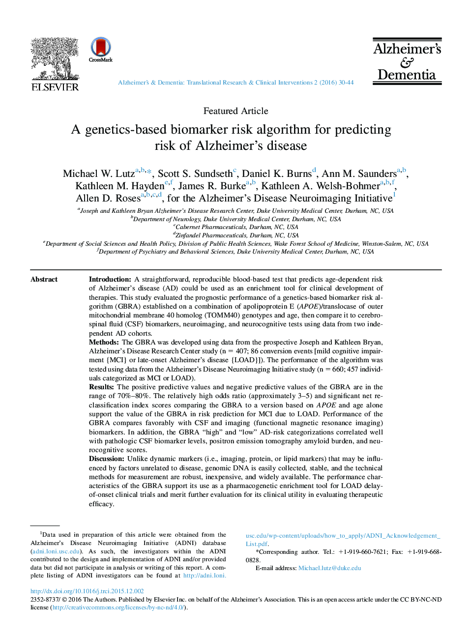 A genetics-based biomarker risk algorithm for predicting risk of Alzheimer's disease