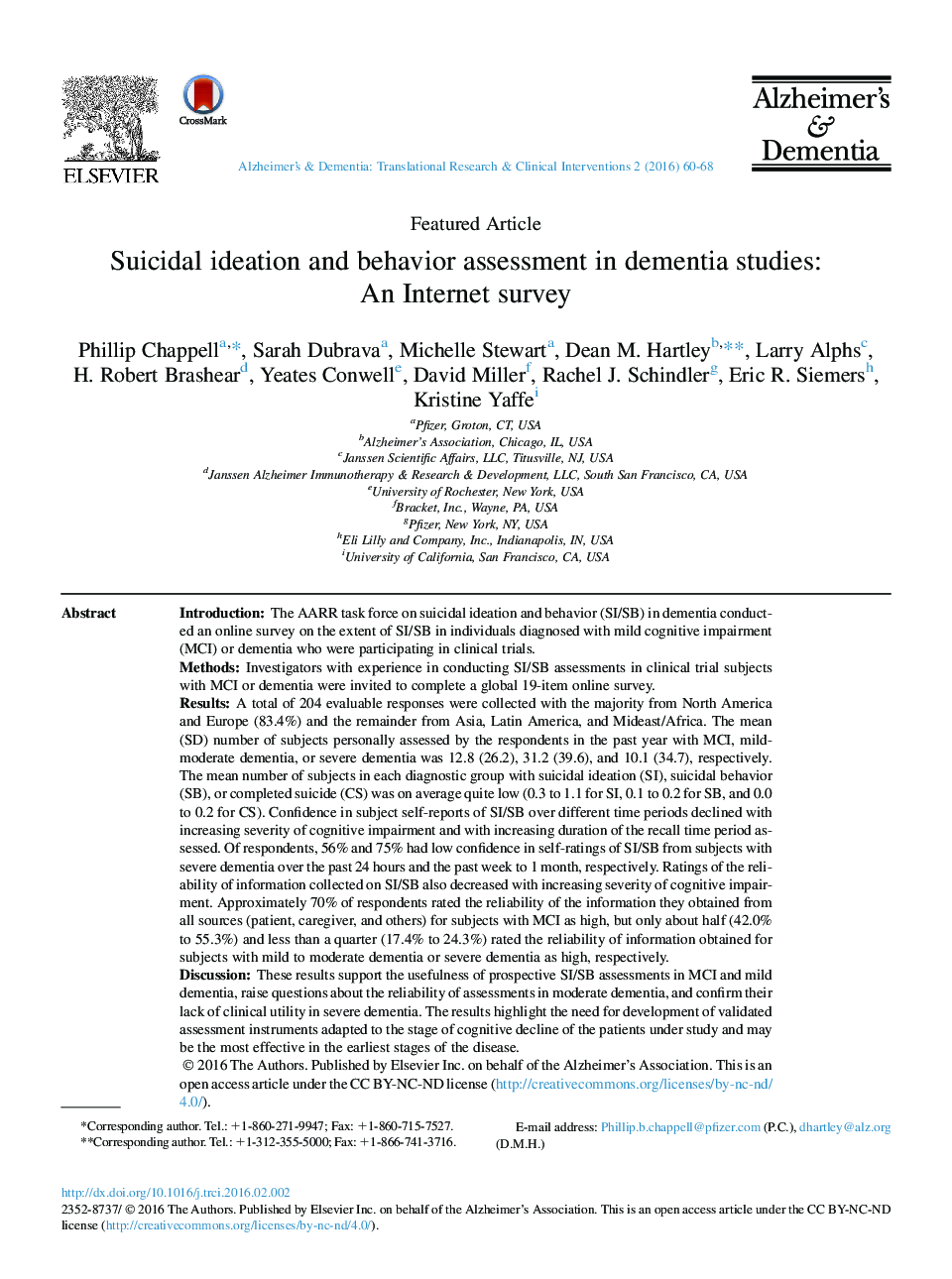 Suicidal ideation and behavior assessment in dementia studies: An Internet survey