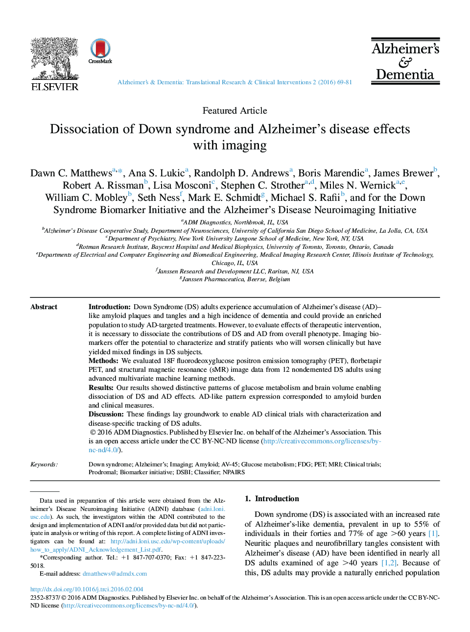 Dissociation of Down syndrome and Alzheimer's disease effects with imaging 