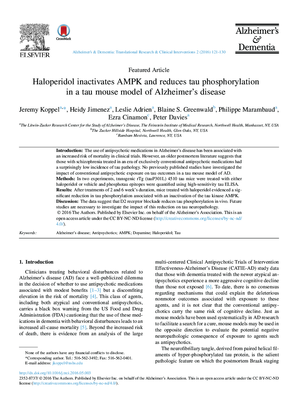 Haloperidol inactivates AMPK and reduces tau phosphorylation in a tau mouse model of Alzheimer's disease 