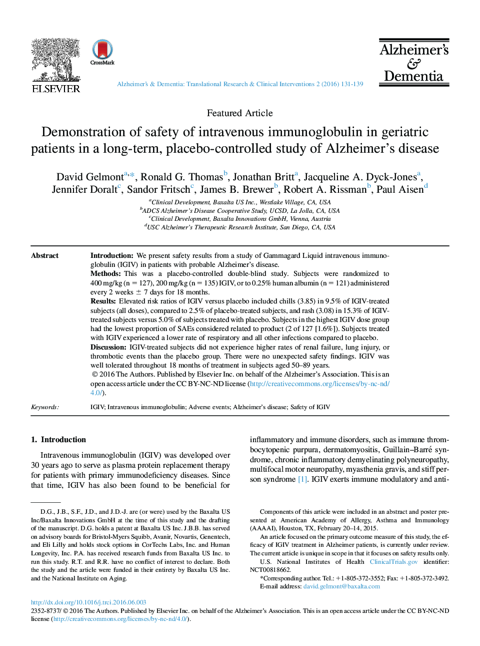 Demonstration of safety of intravenous immunoglobulin in geriatric patients in a long-term, placebo-controlled study of Alzheimer's disease 