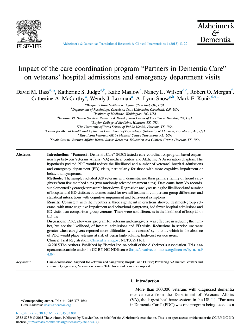 Impact of the care coordination program “Partners in Dementia Care” on veterans' hospital admissions and emergency department visits