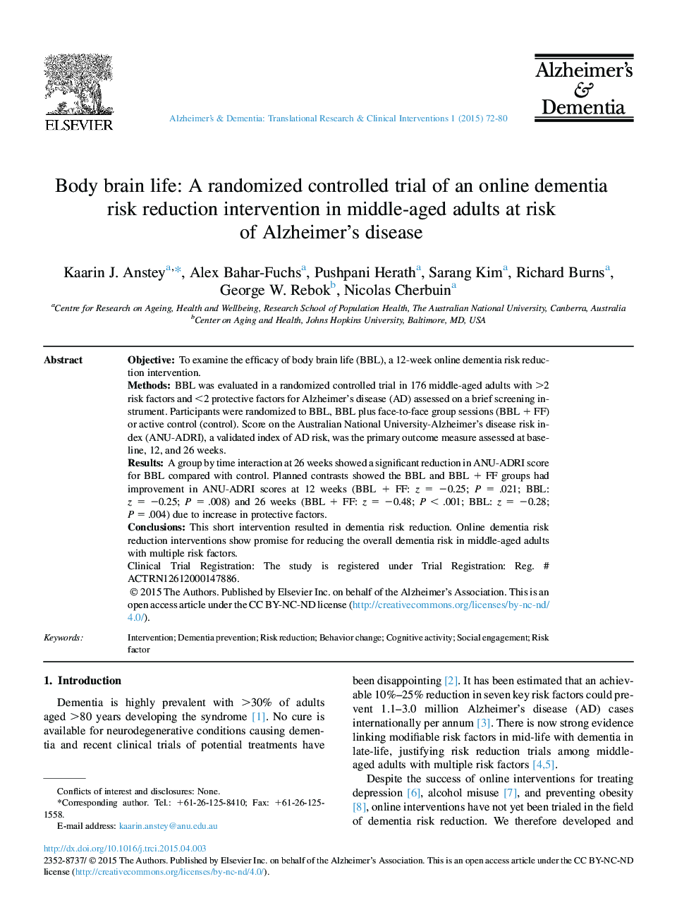 Body brain life: A randomized controlled trial of an online dementia risk reduction intervention in middle-aged adults at risk of Alzheimer's disease 