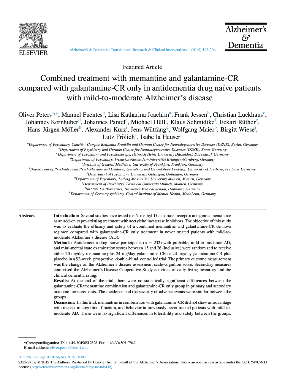 Combined treatment with memantine and galantamine-CR compared with galantamine-CR only in antidementia drug naïve patients with mild-to-moderate Alzheimer's disease