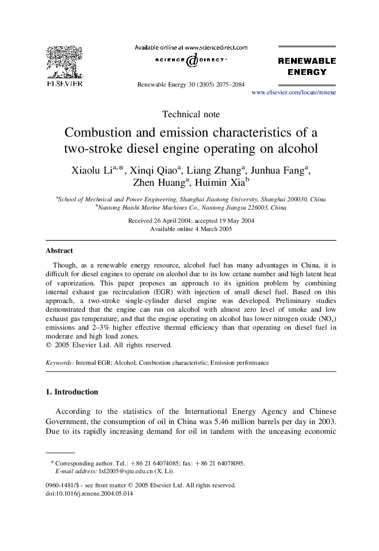 Combustion and emission characteristics of a two-stroke diesel engine operating on alcohol