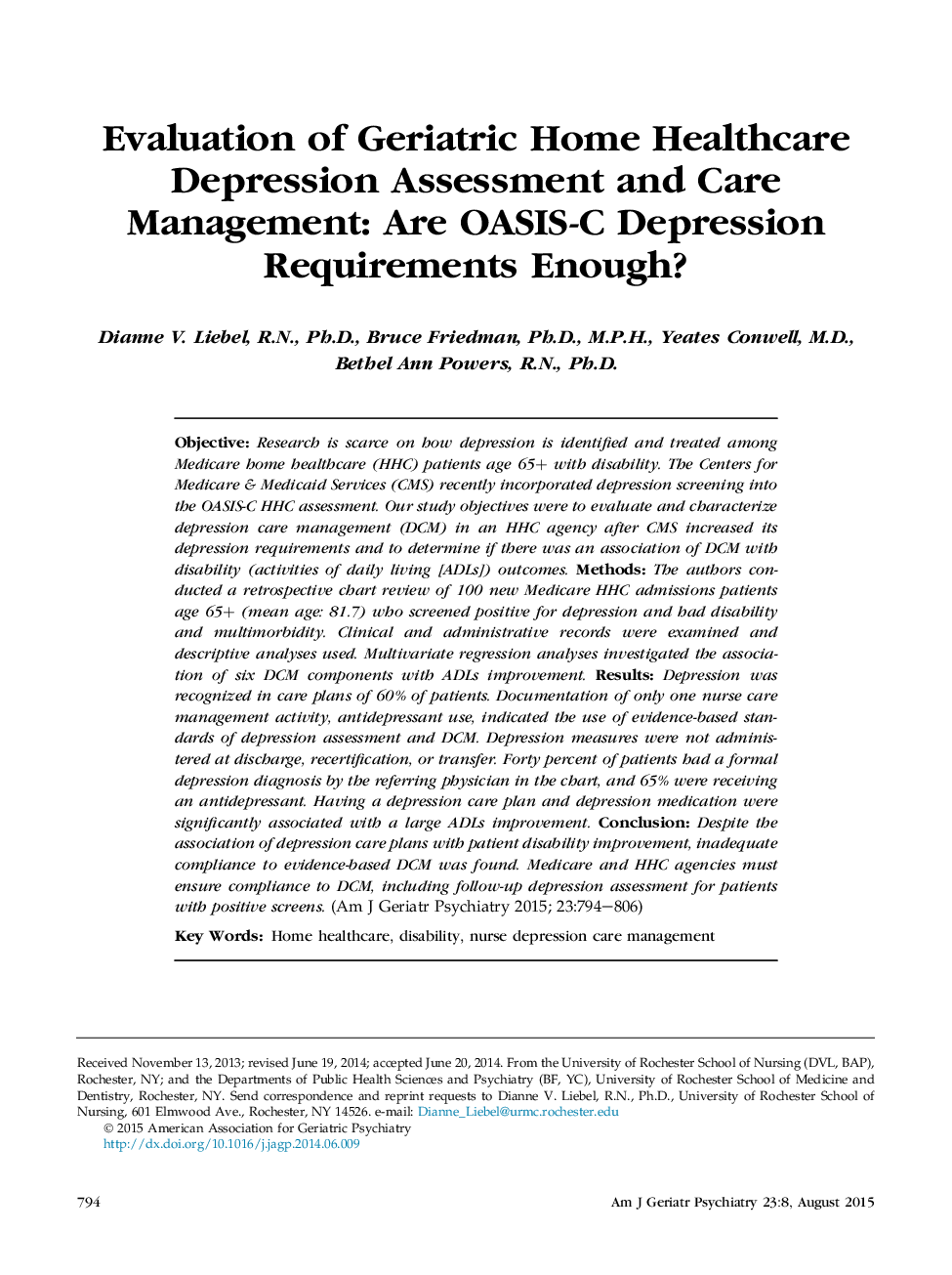 Evaluation of Geriatric Home Healthcare Depression Assessment and Care Management: Are OASIS-C Depression Requirements Enough?