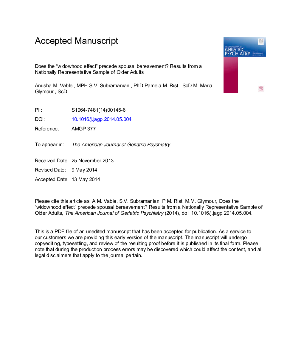 Does the “Widowhood Effect” Precede Spousal Bereavement? Results from a Nationally Representative Sample of Older Adults