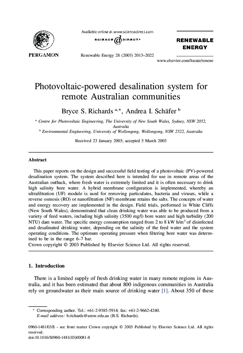 عکس صفحه اول مقاله: Photovoltaic-powered desalination system for remote Australian communities Photovoltaic-powered desalination system for remote Australian communities