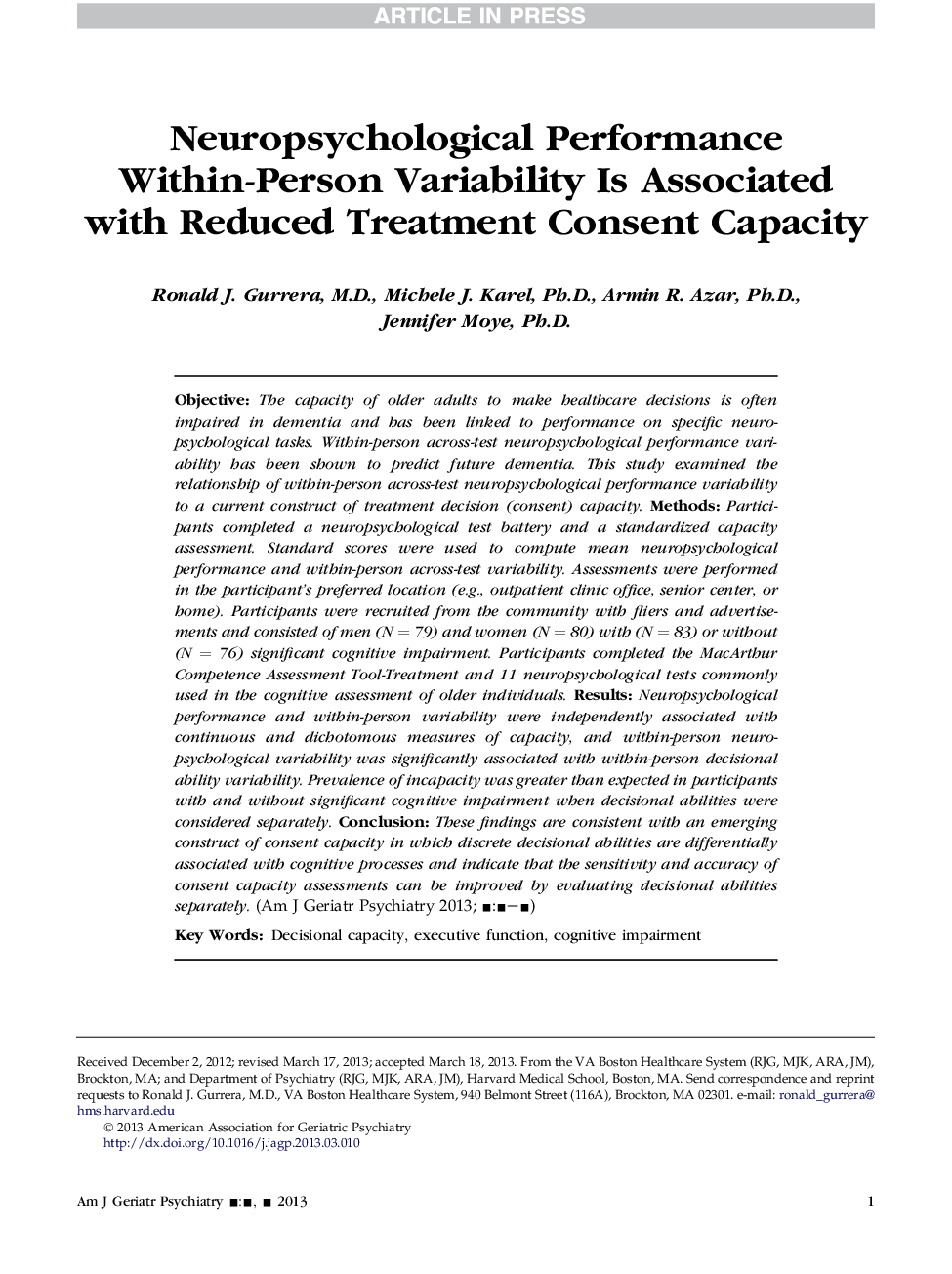 Neuropsychological Performance Within-Person Variability Is Associated with Reduced Treatment Consent Capacity