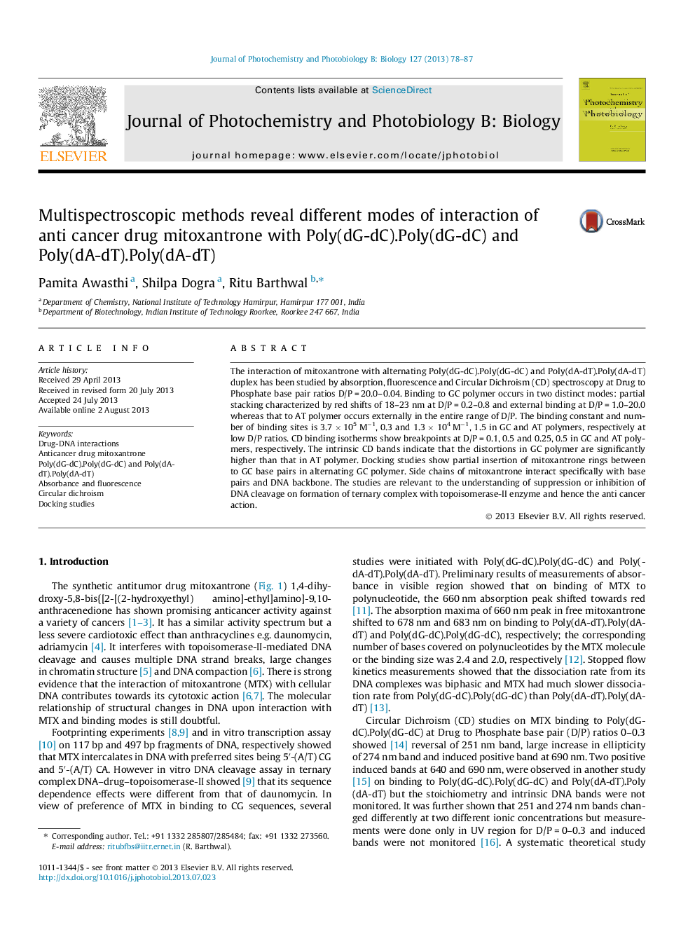 Multispectroscopic methods reveal different modes of interaction of anti cancer drug mitoxantrone with Poly(dG-dC).Poly(dG-dC) and Poly(dA-dT).Poly(dA-dT)