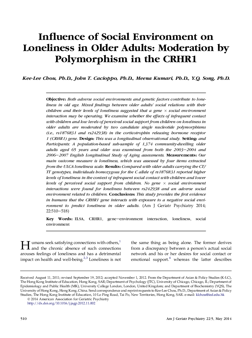 Influence of Social Environment on Loneliness in Older Adults: Moderation by Polymorphism in the CRHR1