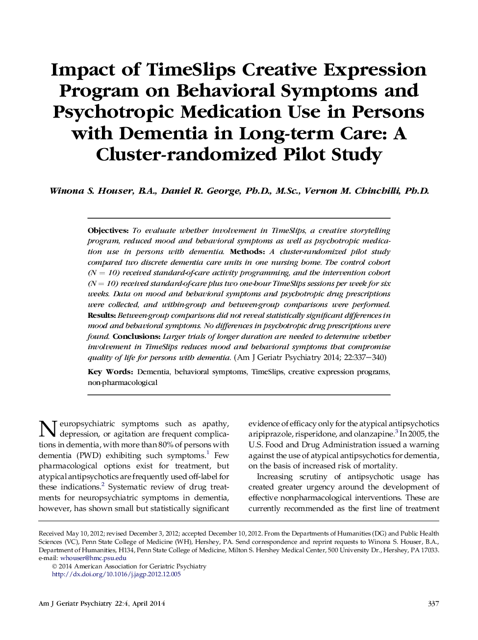 Impact of TimeSlips Creative Expression Program on Behavioral Symptoms and Psychotropic Medication Use in Persons with Dementia in Long-term Care: A Cluster-randomized Pilot Study