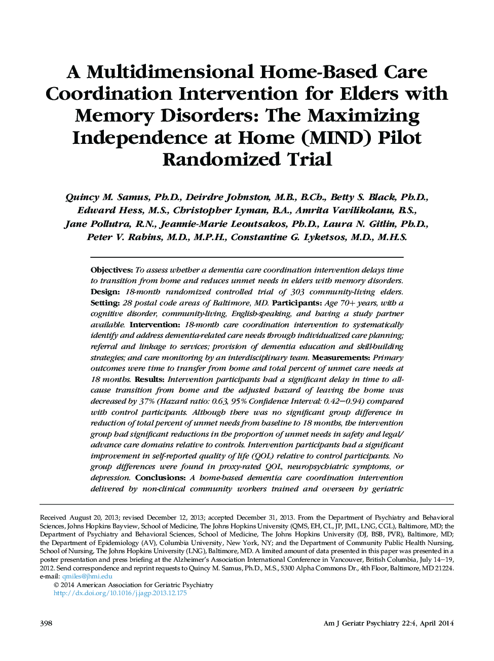 A Multidimensional Home-Based Care Coordination Intervention for Elders with Memory Disorders: The Maximizing Independence at Home (MIND) Pilot Randomized Trial